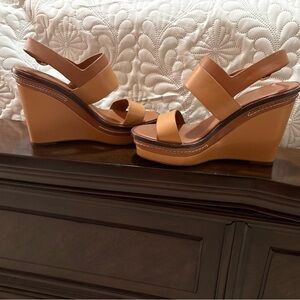 Tory Burch Tan Leather Wedge Sandals with Double Straps
